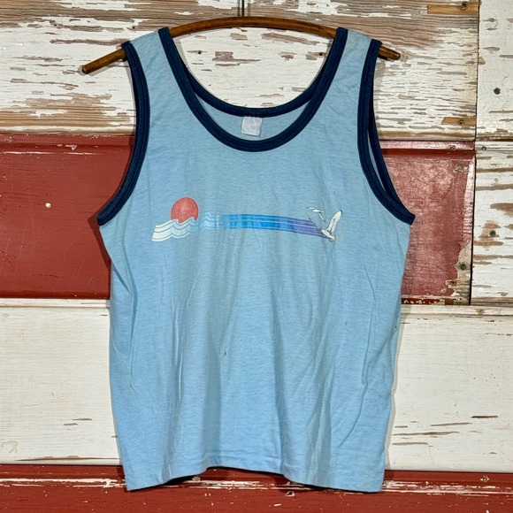 Vintage 70s Single Stitch Tank Top Retro Seagull Sleeveless Shirt Casual - Picture 1 of 7